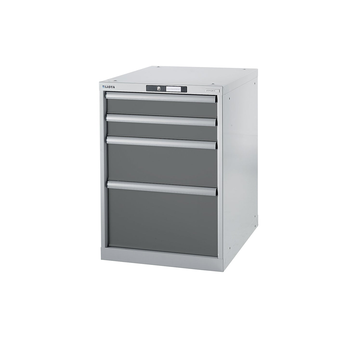 Modular workbench system, drawer unit, height 800 mm, 4 drawers, metallic grey.