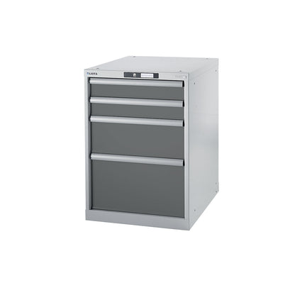 Modular workbench system, drawer unit, height 800 mm, 4 drawers, metallic grey.