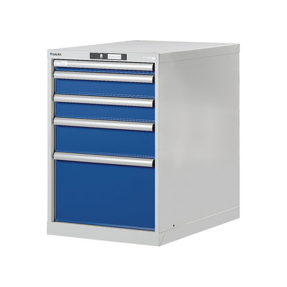 Modular workbench system, drawer unit, height 800 mm, 5 drawers, gentian blue.