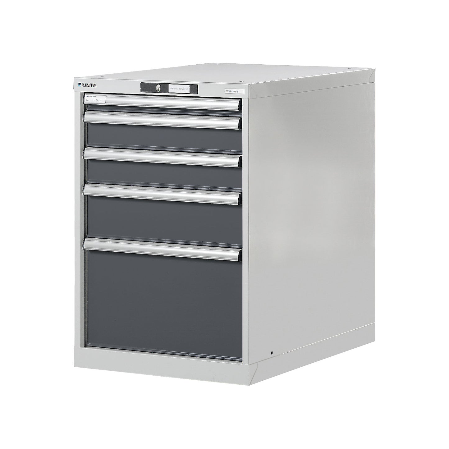 Modular workbench system, drawer unit, height 800 mm, 5 drawers, metallic grey.
