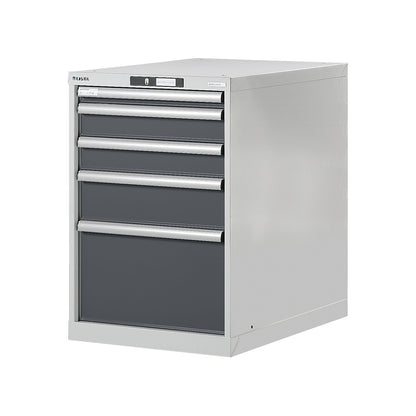 Modular workbench system, drawer unit, height 800 mm, 5 drawers, metallic grey.