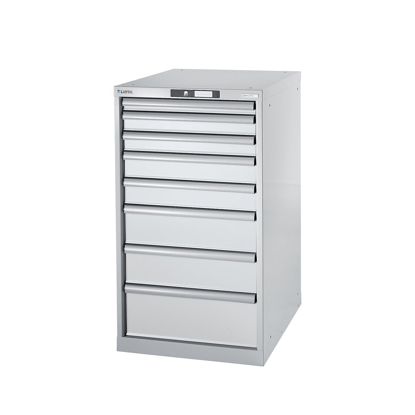 Modular workbench system, drawer unit, height 1000 mm, 8 drawers, light grey.