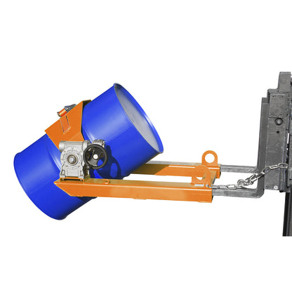 Drum tipper, for forklift and crane operation, with hand crank, painted yellow orange.