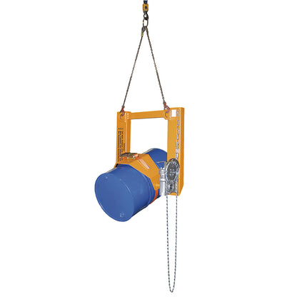 Drum tilting unit, for forklift and crane operation, with chain loop, painted yellow orange.