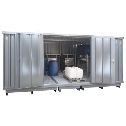 Hazardous goods storage container for water hazardous media, external HxWxD 2605 x 5075 x 4330 mm, zinc plated.
