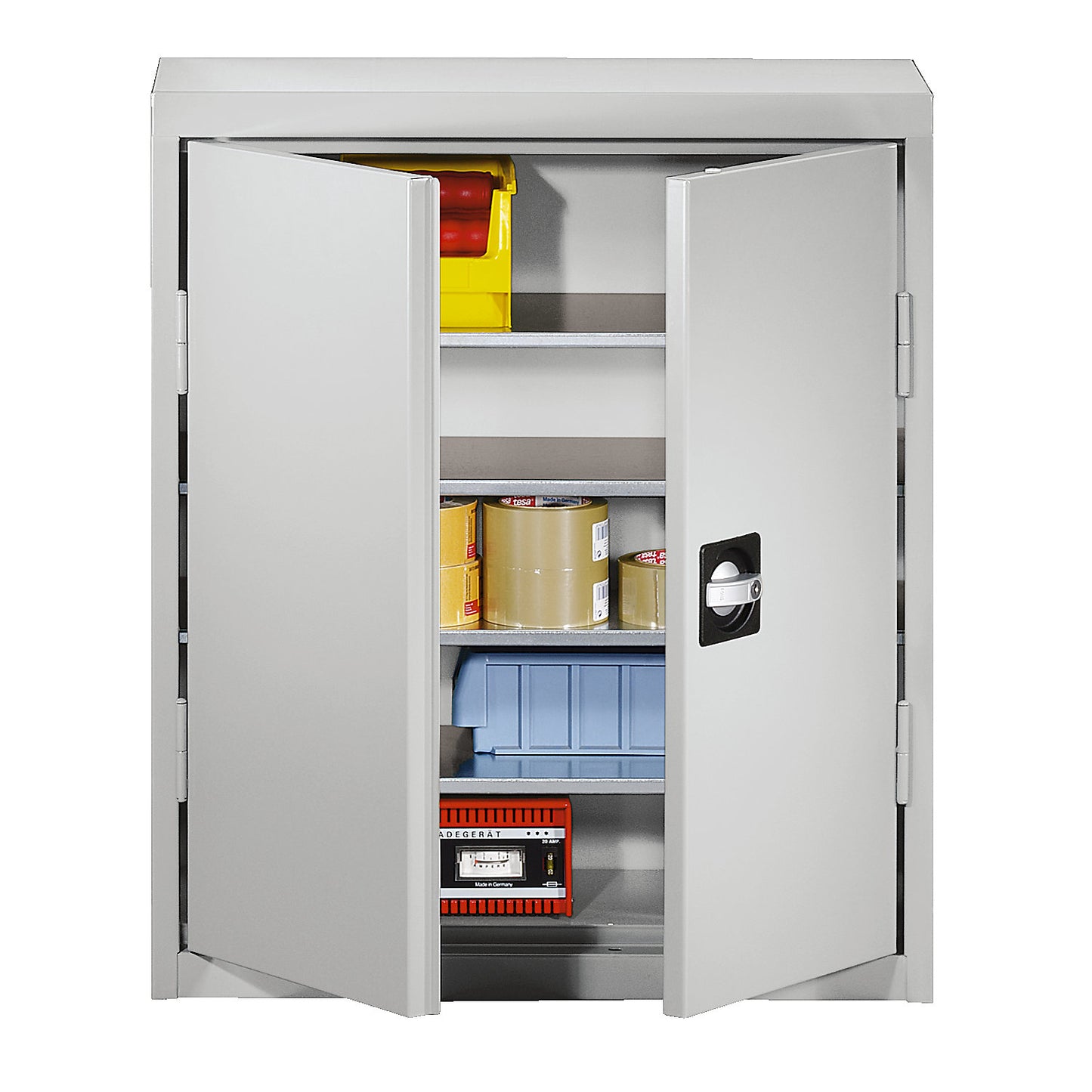 Storage cupboard made of sheet steel, height 780 mm, light grey RAL 7035, 4 shelves.