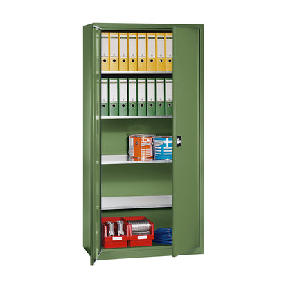 Double door cupboard made of sheet steel, HxWxD 1950 x 950 x 500 mm, 4 shelves, reseda green RAL 6011.