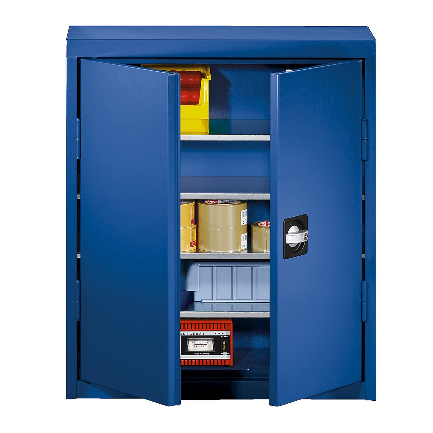 Storage cupboard made of sheet steel, height 780 mm, gentian blue RAL 5010, 4 shelves.