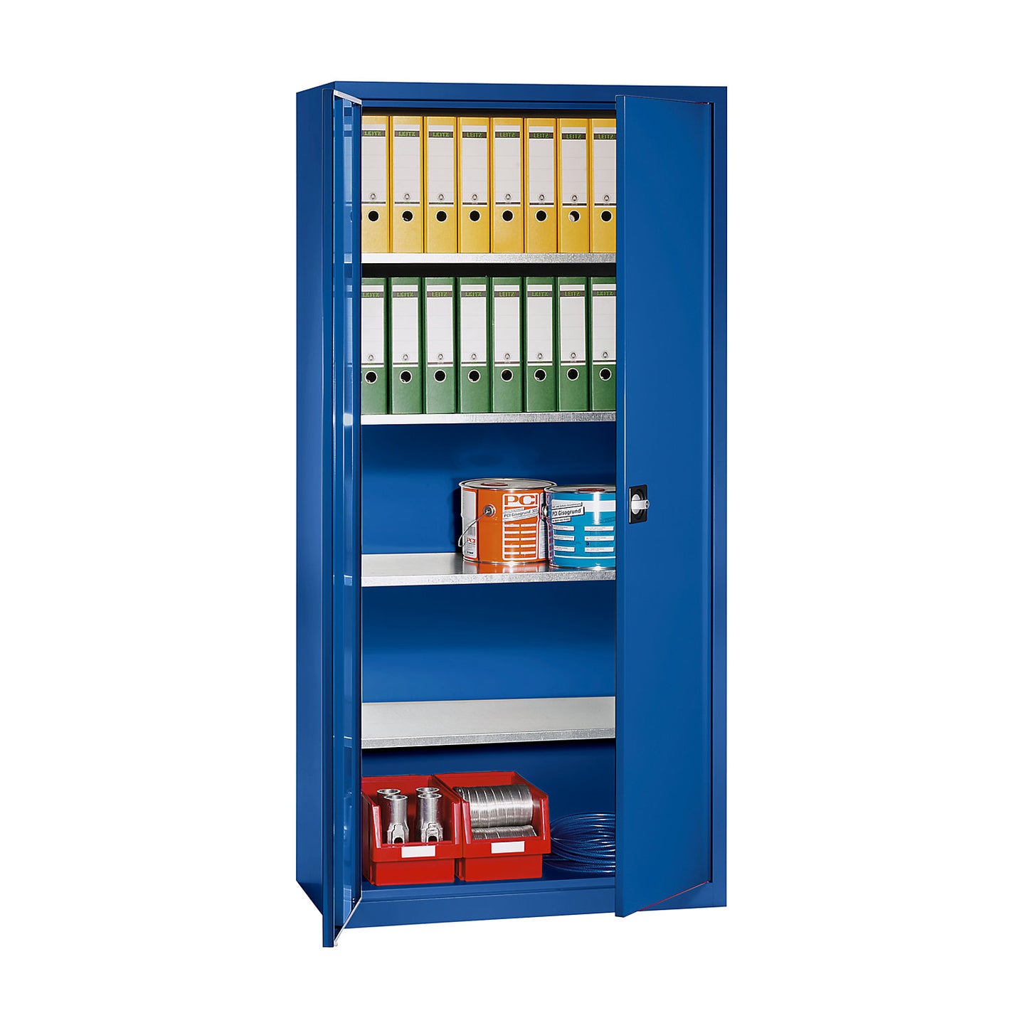 Double door cupboard made of sheet steel, HxWxD 1950 x 950 x 500 mm, 4 shelves, gentian blue RAL 5010.