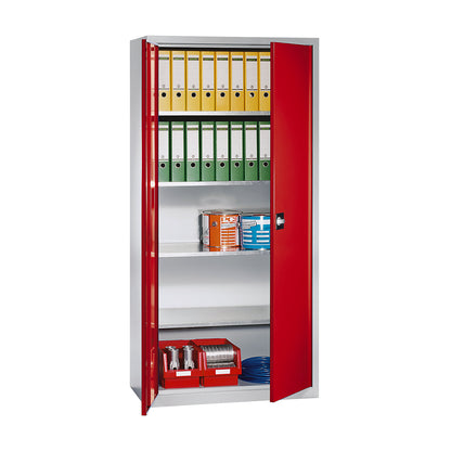 Double door cupboard made of sheet steel, HxWxD 1950 x 950 x 500 mm, 4 shelves, light grey RAL 7035 / traffic red RAL 3020.