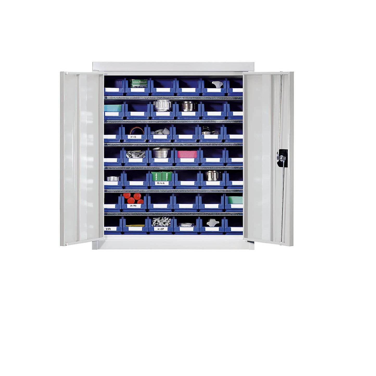 Storage cupboard with storage boxes, height 780 mm, 6 shelves, light grey.