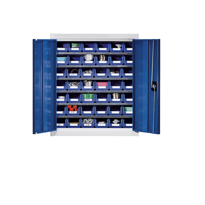 Storage cupboard with storage boxes, height 780 mm, 6 shelves, light grey / gentian blue.
