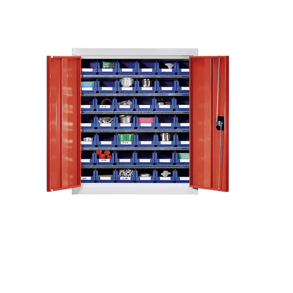 Storage cupboard with storage boxes, height 780 mm, 6 shelves, light grey / traffic red.