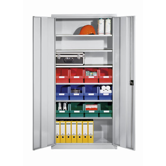 Storage cupboard made of sheet steel, with 12 open fronted storage bins, light grey RAL 7035.