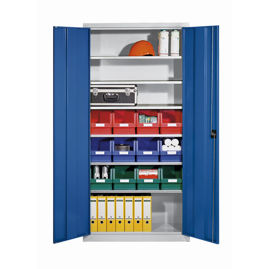 Storage cupboard made of sheet steel, with 12 open fronted storage bins, light grey RAL 7035 / gentian blue RAL 5010.