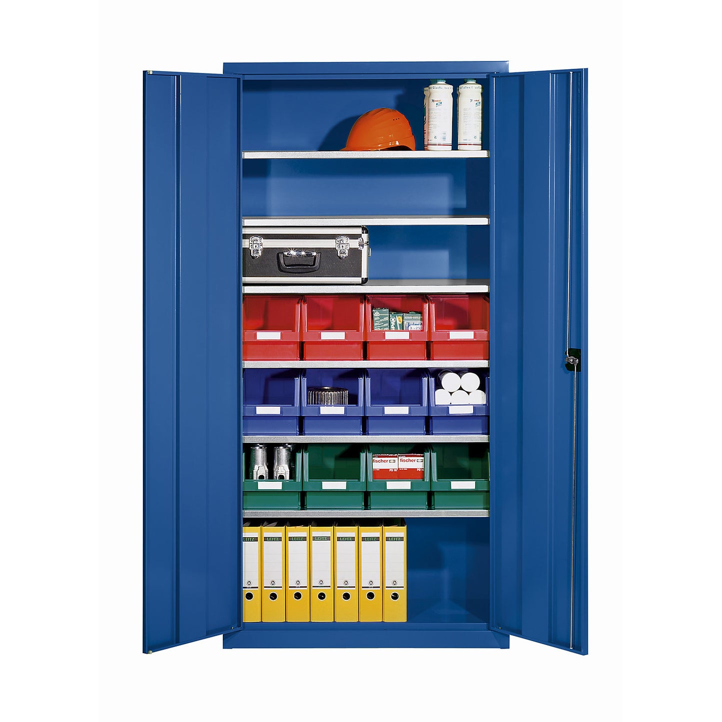 Storage cupboard made of sheet steel, with 12 open fronted storage bins, gentian blue RAL 5010.