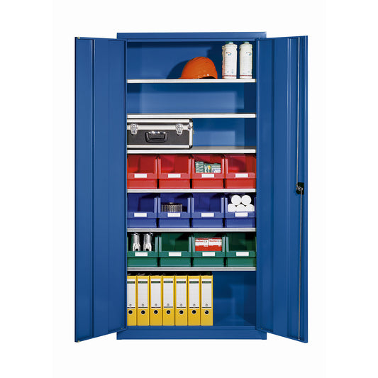 Storage cupboard made of sheet steel, with 12 open fronted storage bins, gentian blue RAL 5010.