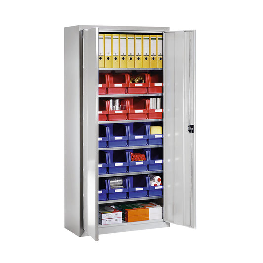 Storage cupboard made of sheet steel, with 20 open fronted storage bins, light grey RAL 7035.