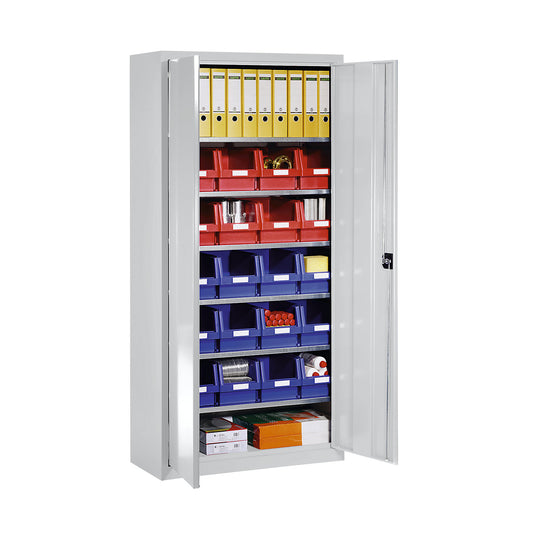 Storage cupboard made of sheet steel, with 20 open fronted storage bins, gentian blue RAL 5010.