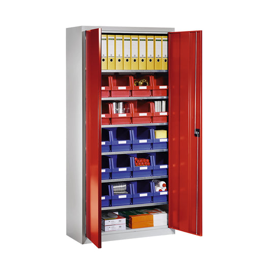 Storage cupboard made of sheet steel, with 20 open fronted storage bins, light grey RAL 7035 / traffic red RAL 3020.