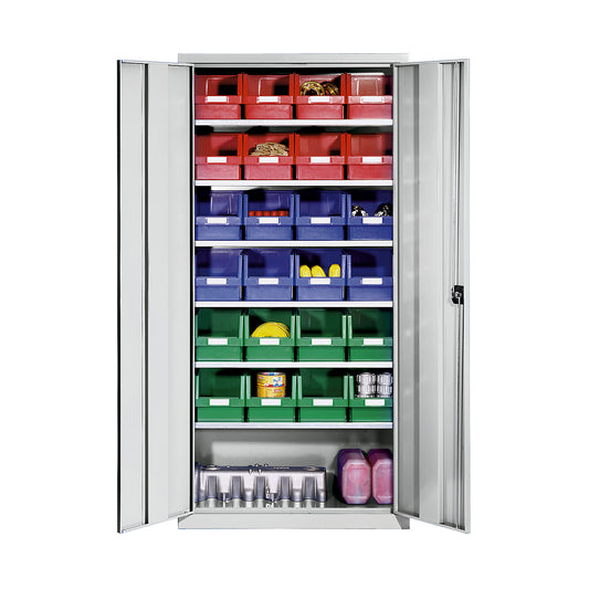 Storage cupboard made of sheet steel, with 24 open fronted storage bins, light grey RAL 7035.
