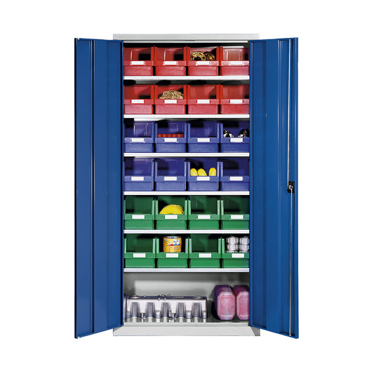 Storage cupboard made of sheet steel, with 24 open fronted storage bins, light grey RAL 7035 / gentian blue RAL 5010.