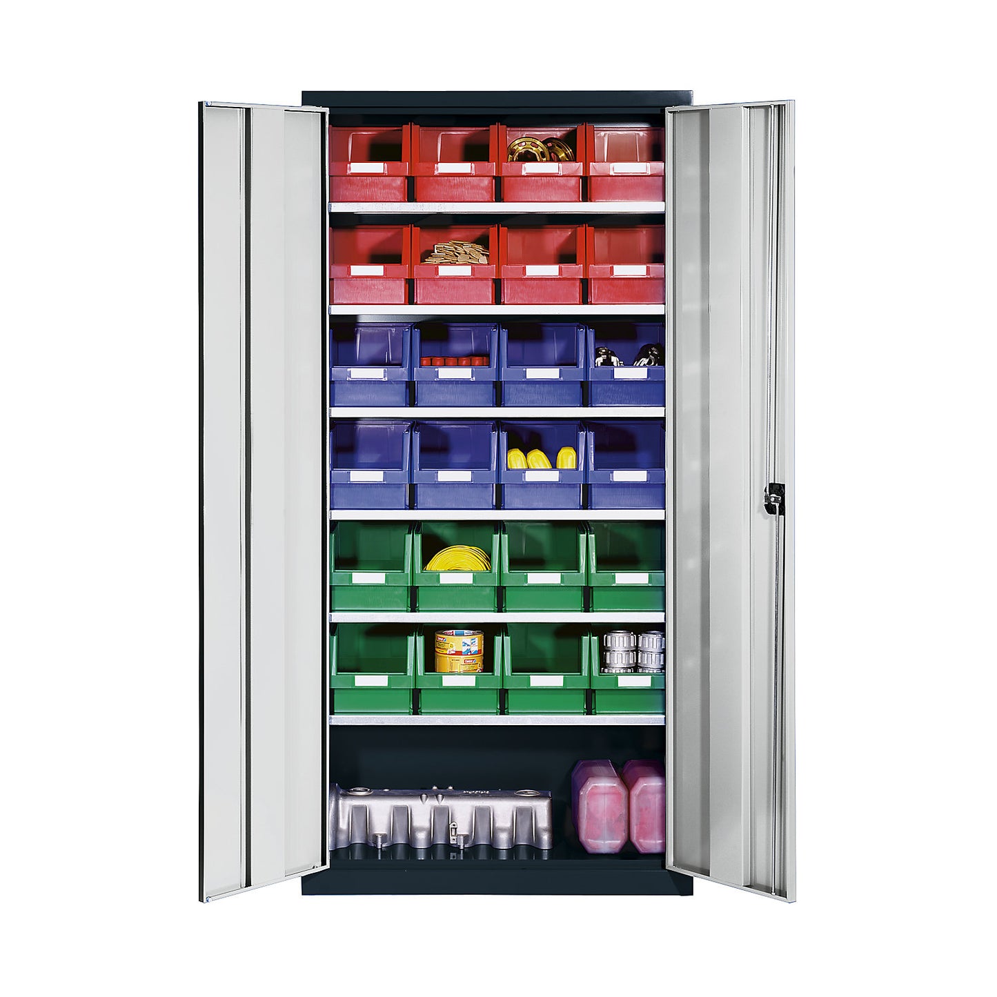 Storage cupboard made of sheet steel, with 24 open fronted storage bins, light grey RAL 7035 / traffic red RAL 3020.