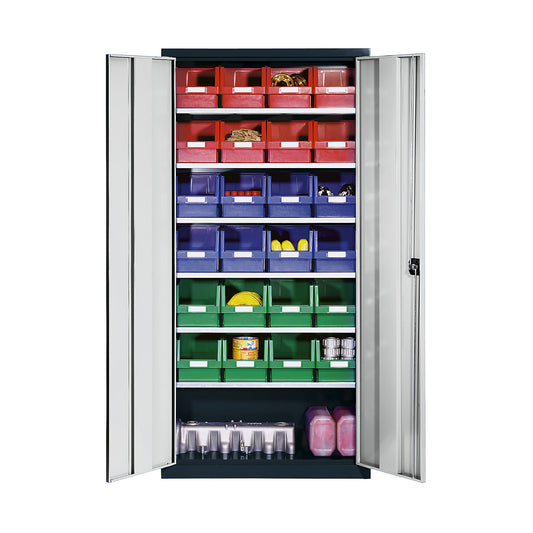 Storage cupboard made of sheet steel, with 24 open fronted storage bins, light grey RAL 7035 / traffic red RAL 3020.