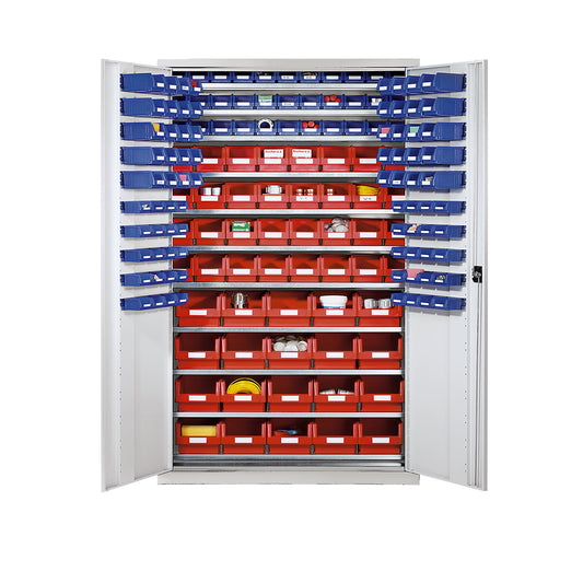 Large cupboard made of sheet steel, with 10 shelves, 165 open fronted storage bins, body and doors light grey.