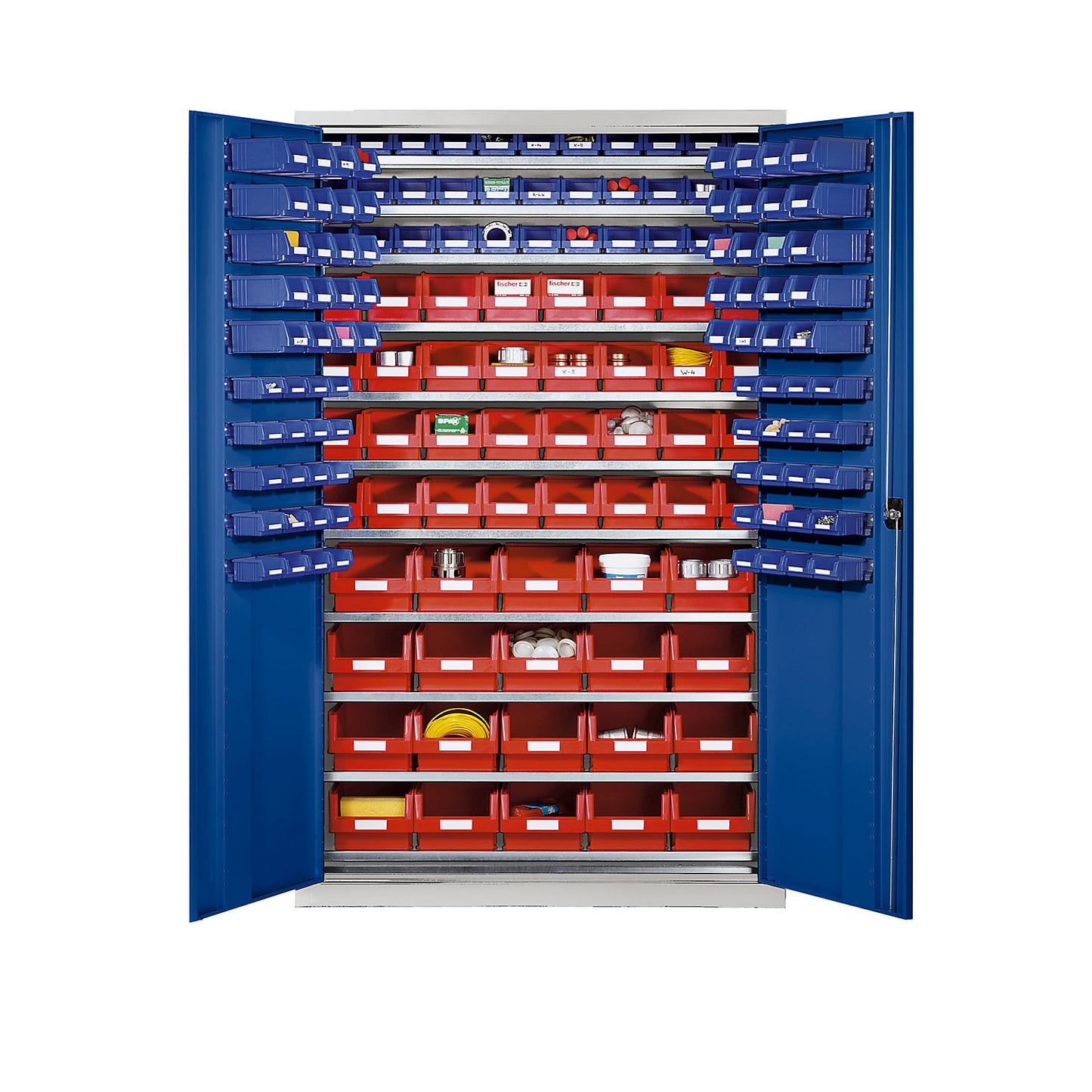 Large cupboard made of sheet steel, with 10 shelves, 165 open fronted storage bins, body in light grey, doors in gentian blue.