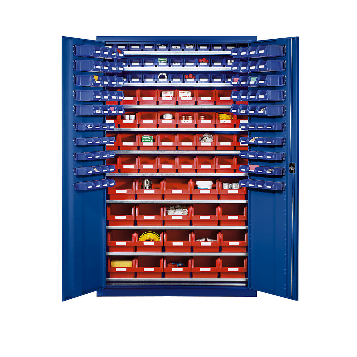 Large cupboard made of sheet steel, with 10 shelves, 165 open fronted storage bins, body and doors gentian blue.