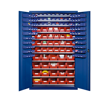 Large cupboard made of sheet steel, with 10 shelves, 165 open fronted storage bins, body and doors gentian blue.