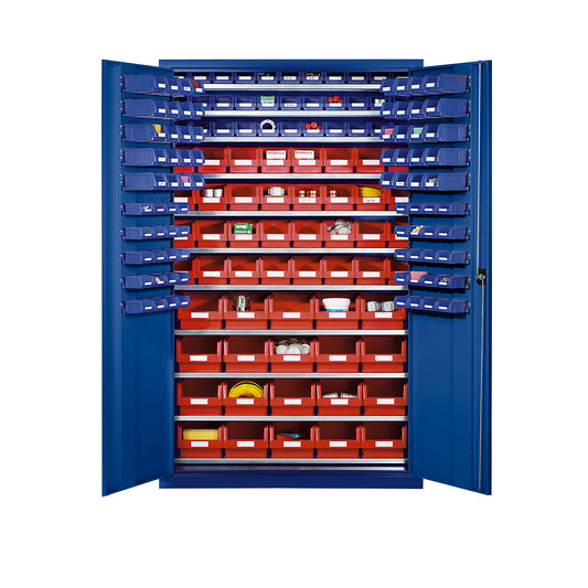 Large cupboard made of sheet steel, with 10 shelves, 165 open fronted storage bins, body and doors gentian blue.