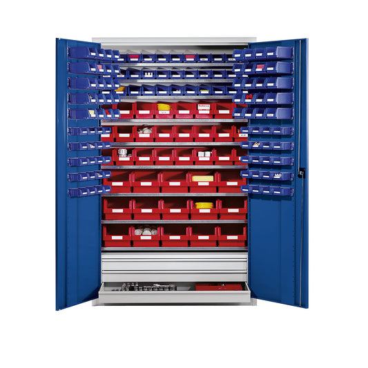 Large cupboard made of sheet steel, with 9 shelves, 152 open fronted storage bins and 3 drawers, body in light grey, doors in gentian blue.