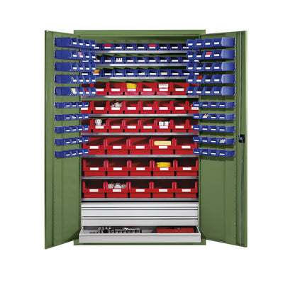 Large cupboard made of sheet steel, with 9 shelves, 152 open fronted storage bins and 3 drawers, body and doors reseda green.