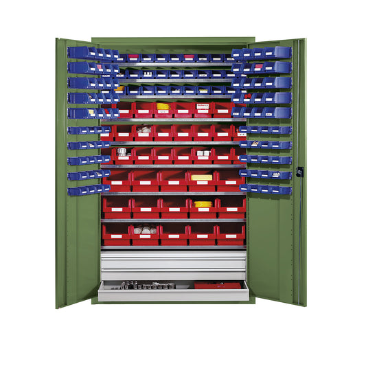 Large cupboard made of sheet steel, with 9 shelves, 152 open fronted storage bins and 3 drawers, body and doors reseda green.