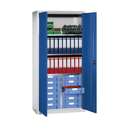 Storage and drawer cupboard, 3 shelves, 12 drawers, light grey RAL 7035 / gentian blue RAL 5010.