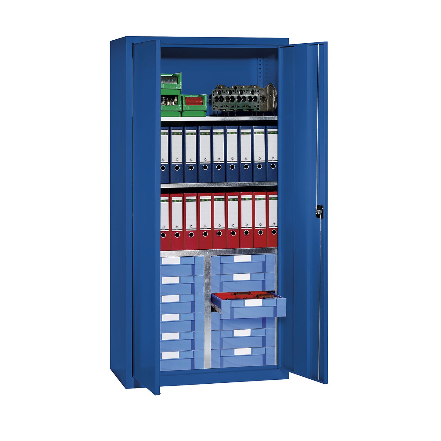 Storage and drawer cupboard, 3 shelves, 12 drawers, gentian blue RAL 5010.