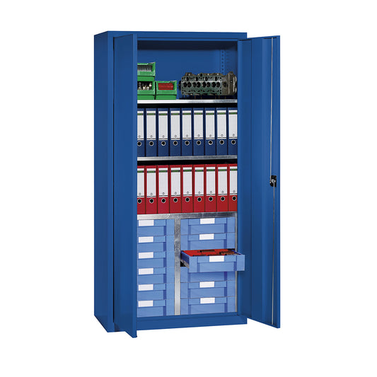 Storage and drawer cupboard, 3 shelves, 12 drawers, gentian blue RAL 5010.