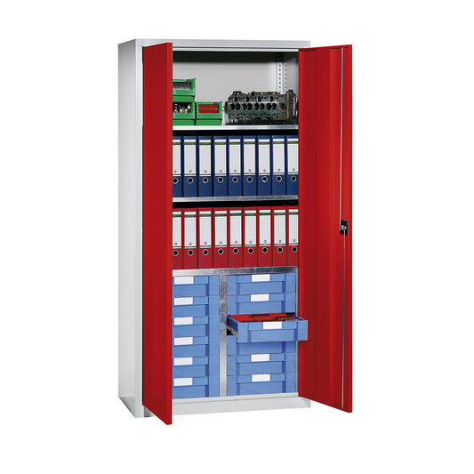 Storage and drawer cupboard, 3 shelves, 12 drawers, light grey RAL 7035 / traffic red RAL 3020.