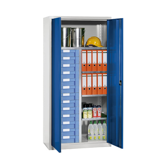 Storage and drawer cupboard, 4 shelves, 13 drawers, light grey RAL 7035 / gentian blue RAL 5010.