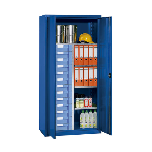 Storage and drawer cupboard, 4 shelves, 13 drawers, gentian blue RAL 5010.