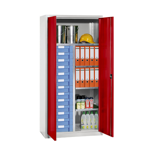 Storage and drawer cupboard, 4 shelves, 13 drawers, light grey RAL 7035 / traffic red RAL 3020.