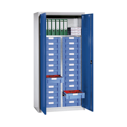 Storage and drawer cupboard, 1 shelf, 26 drawers, light grey RAL 7035 / gentian blue RAL 5010.