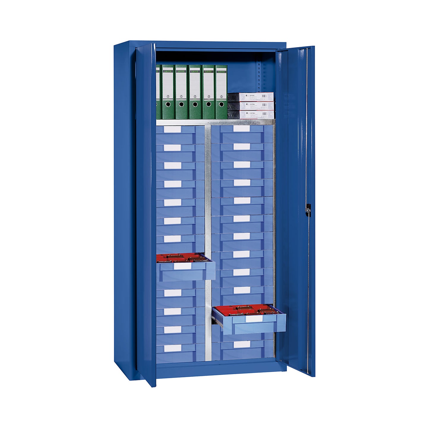 Storage and drawer cupboard, 1 shelf, 26 drawers, gentian blue RAL 5010.