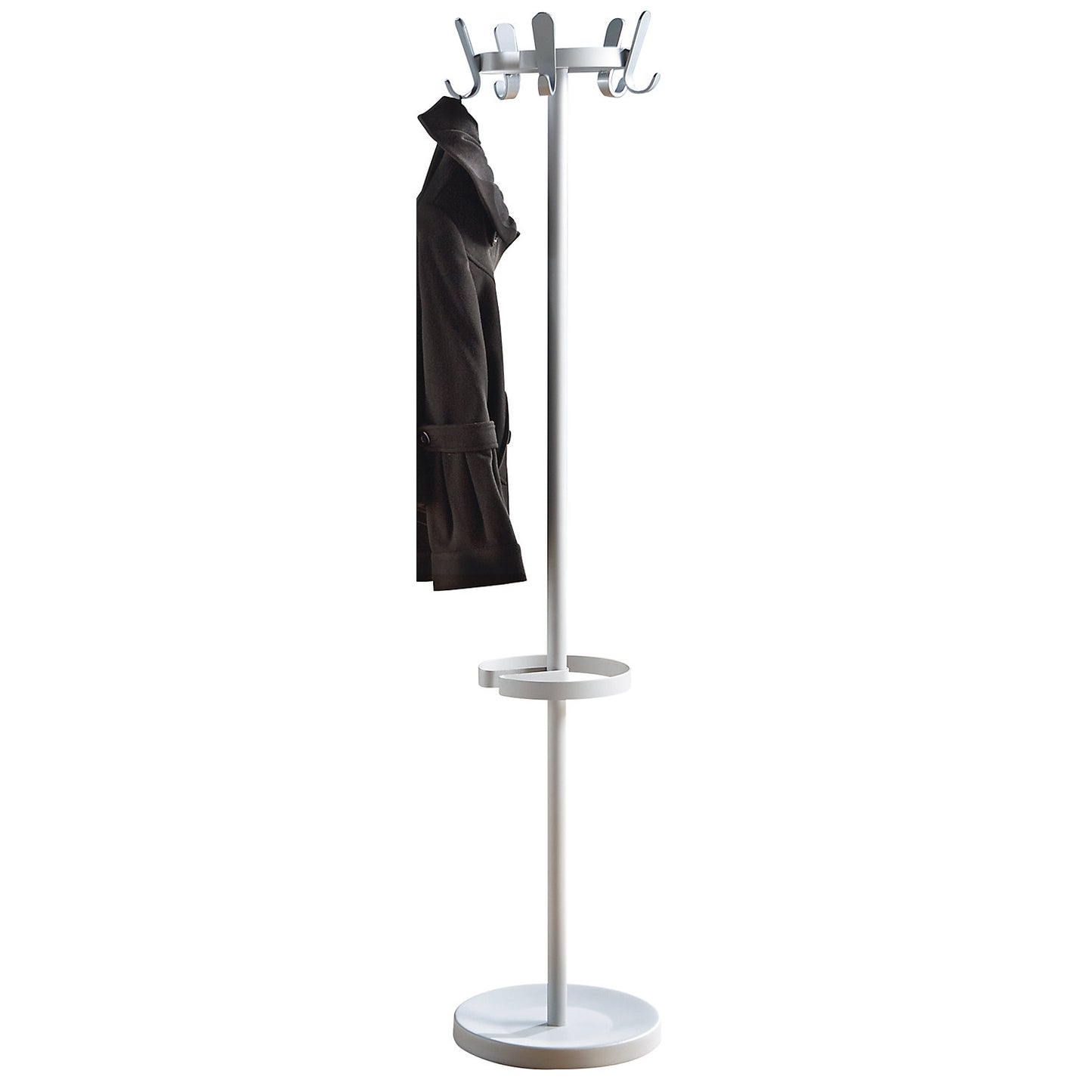 Coat stand with 5 hooks, height 1680 mm, Ø 350 mm, hook colour silver.