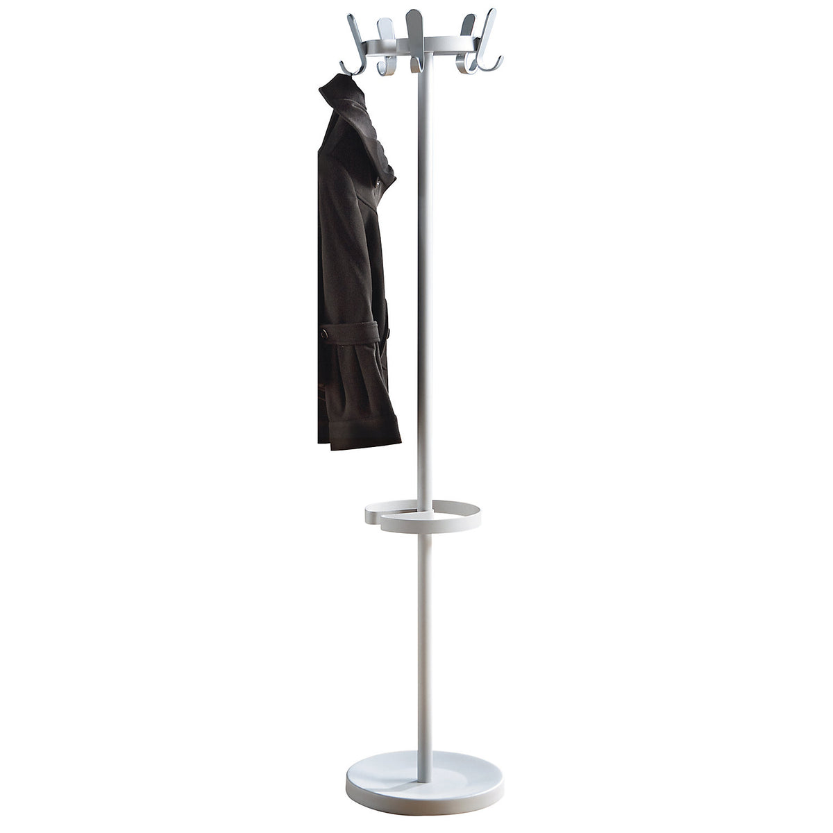 Coat stand with 5 hooks, height 1680 mm, Ø 350 mm, hook colour silver.