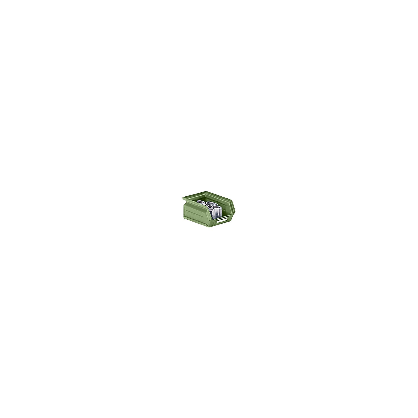 Open fronted storage bin made of sheet steel, LxWxH 165 x 103 x 75 mm, reseda green.