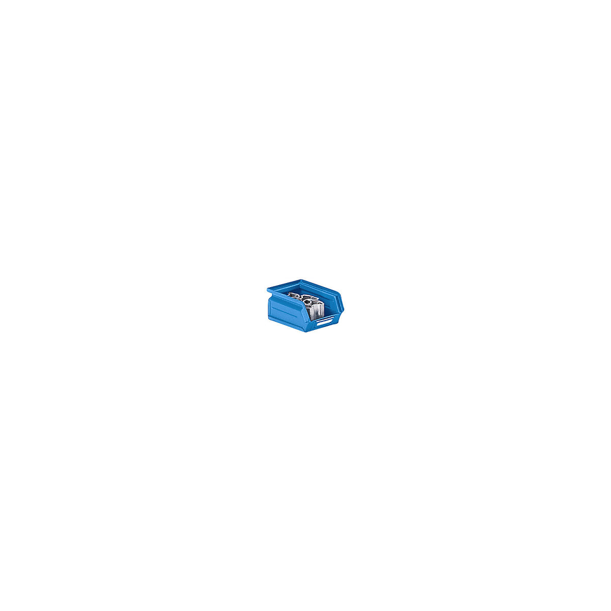Open fronted storage bin made of sheet steel, LxWxH 165 x 103 x 75 mm, light blue.
