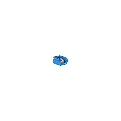 Open fronted storage bin made of sheet steel, LxWxH 165 x 103 x 75 mm, light blue.
